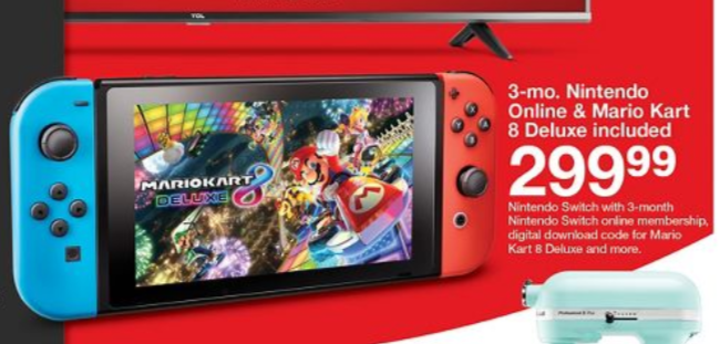 Target Nintendo switch bundle with Mario Kart 8 and 3 months online with redcard $284.99