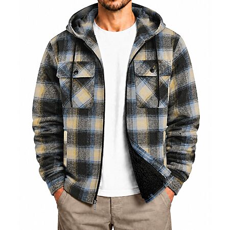 SCODI Mens Flannel Hooded Jacket Fleece Sherpa Lined Zip Up Plaid Hoodies