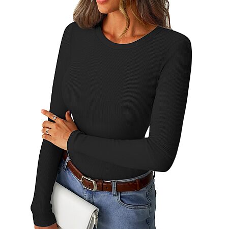 GKBK Womens Long Sleeve Ribbed Tops Slim Fitted Tight Basic T-Shirt $4.46 ACs Crewneck Layering Lightweight Fall Sweaters 2026 Fashion Outfits Black