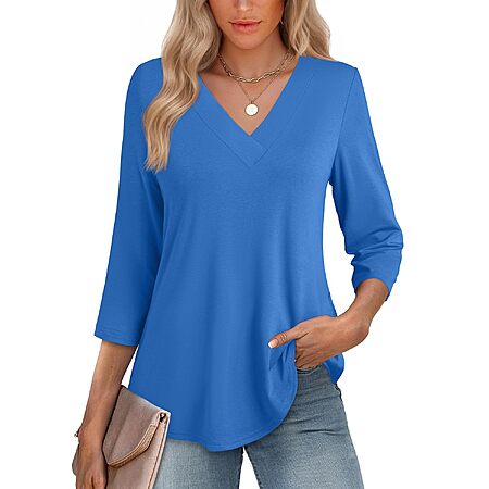 Womens 3/4 Length Sleeve Tops V Neck Curved Flowy - $5.39 - $5.99 AC