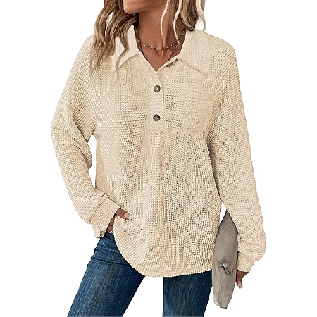 Balivsa Womens Tops Waffle Knit V-Neck Long Sleeve T-shirts Button Down with Pockets Tunic - $6.49 AC