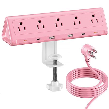 SMALLRT Pink Desk Clamp Power Strip with 6.5 FT Extension Cord, PD 40W USB-C Fast Charging Ports - $26.99 AC