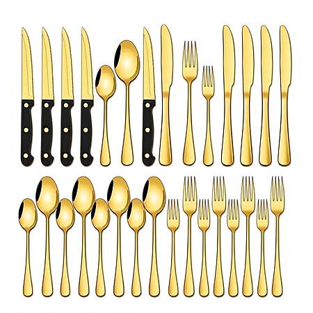 NULAS 24-Piece Gold Silverware Set, Stainless Steel Flatware Set. Includes Steak Knives, Dishwasher Safe for Home & Restaurant, Gifts, Gold.