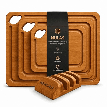 NULAS 4-Piece Wood Cutting Board Set, Bamboo Chopping Board for Kitchen with Holder, Juice Grooves & Easy-Grip Handles $19.39 AC