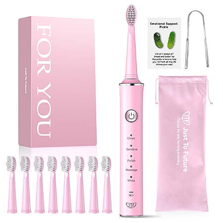 JTF Sonic Electric Toothbrush for Adults, 5 Modes, 8 Brush Heads, Tongue Scraper & Travel Bag, Rechargeable for Home & Travel, Pink