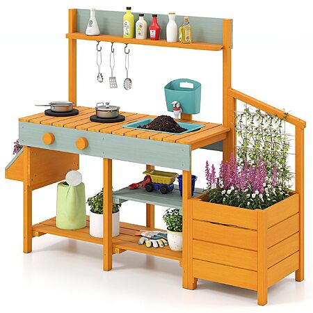 Cedar Wood Pretend Play Kitchen for Toddlers, Plant Growing Box & Trellis, Real Faucet w/Running Water, Sink, Accessories