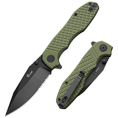 CVLIFE Folding Serrated Pocket Knife, 3.26" 14C28N Steel Blade, OD Green - $17.49 AC