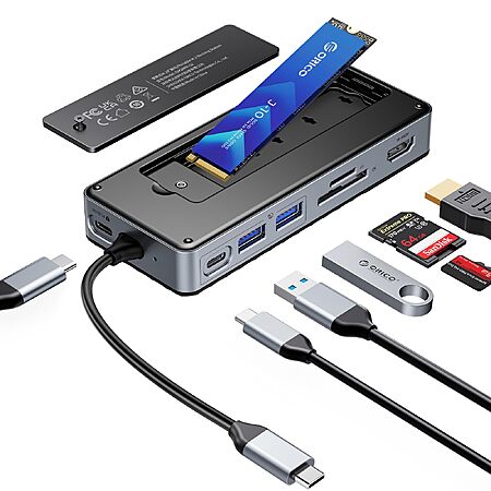 ORICO USB-C Hub with M.2 SSD Enclosure, 8-in-1 USB C Docking Station Fits M.2 NVMe/SATA SSD, 10Gbps, 4K@60Hz HDMI, 100W PD, - $31.04 AC