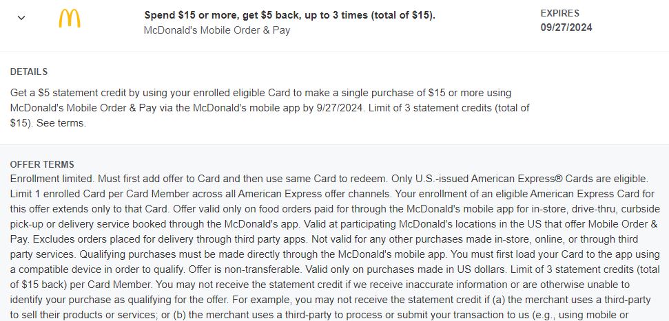 Amex Offer - McDonalds - $5 statement credit - Single purchase of $15 or more using McDonald's Mobile Order & Pay via McDonald's App $10