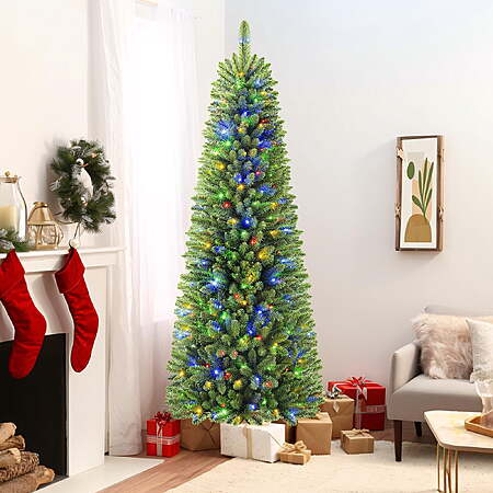 6.5ft Premium Prelit Slim Christmas Tree with Remote Control, Timer, and Warm White & Multi-Color Lights