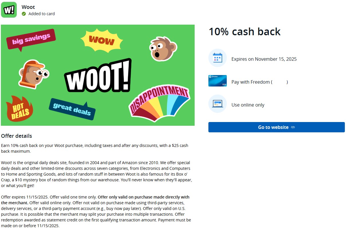 [Chase Offers] 10% Back at Woot (max of $25 back) (expires 11/15) YMMV