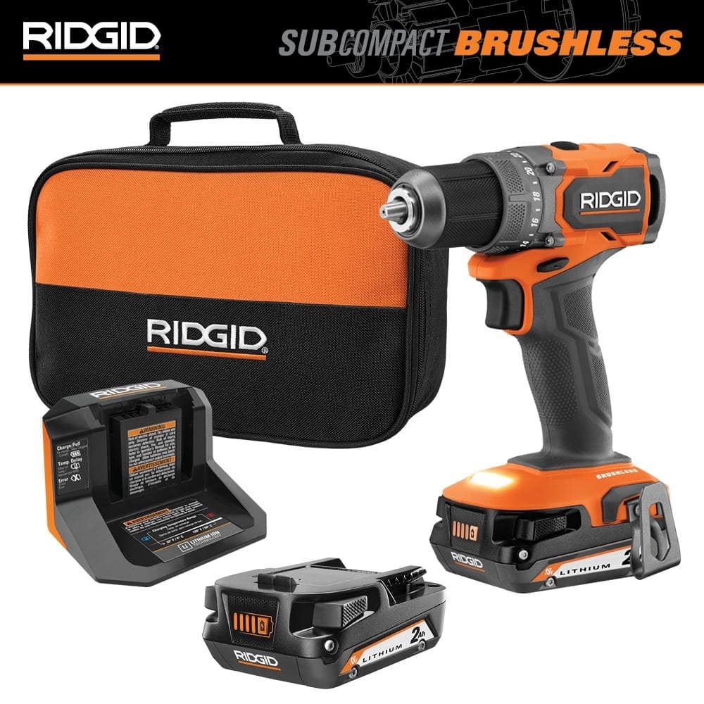 Home Depot RIDGID 18V SubCompact Brushless Cordless 1 2 in. Drill Driver Kit with 2 2.0 Ah Batteries Free Gift 2.0 Ah battery 99