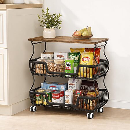 3-Tier Hailnterior Rolling Fruit & Vegetable Storage Cart w/ Wooden Top $20