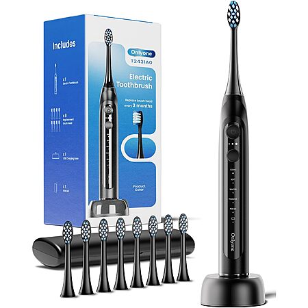 Onlyone Rechargeable Sonic Electric Toothbrush w/ 8 Brush Heads (Black) $9