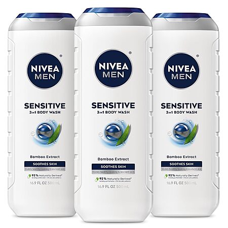 3-pk 16.9-oz NIVEA MEN Sensitive 3-in-1 Body Wash (Bamboo Extract) 2 for $16.15 & More w/ S&S