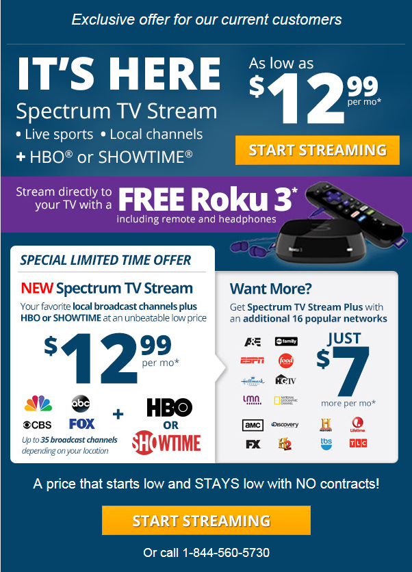 **FREE ROKU 3 with Charter Spectrum TV stream deal $12.99 or $19.99 NO CONTRACT