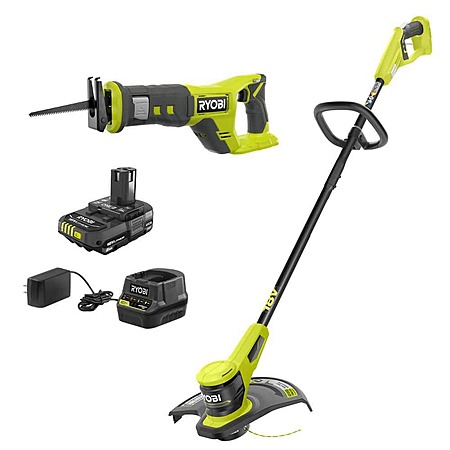 RYOBI ONE+ 18V 13" String Trimmer & Reciprocating Saw w/ 2.0Ah Battery & Charger
