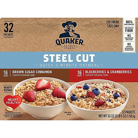 Select Accts: 32-Ct Quaker Steel Cut 3-Minute Oatmeal (Variety Pack, 53-Oz Total) $15.65 w/ S&S
