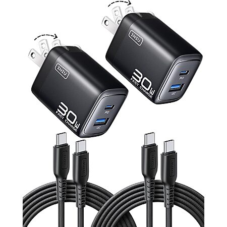 2-Pk INIU 30W GaN Mini USB-C/A Wall Chargers w/ 2x 5' USB-C Cables (Black) $8.25 & More