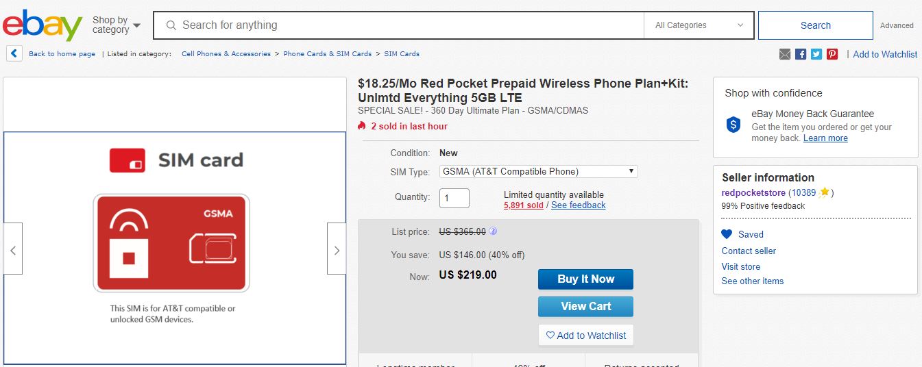 Redpocket GSMA (AT&T) or CDMAS (Sprint) Unlimited Calls, Unlimited Text and 5GB LTE data/month for 12 months @$219.0+taxes