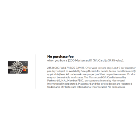 No Purchase Fee on $200 Mastercard Gift Card