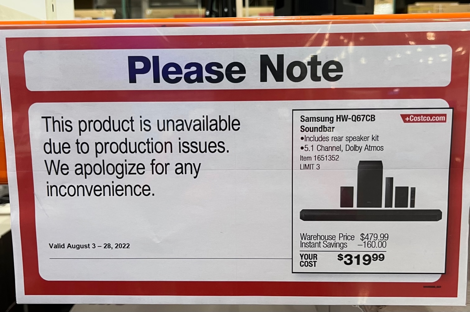 Costco - Alert - Possible Recall of Samsung HW-Q67CB 5.1 Ch Soundbar With Dolby Atmos