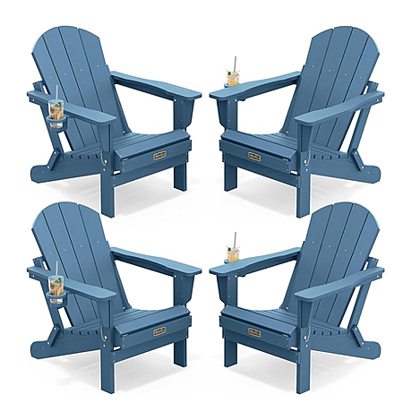 SERWALL Folding Adirondack Chair Set of 4 Resin Patio Chair with Cup Holder-Blue