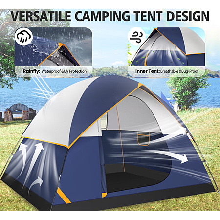 COBIZI 4 Person Tent for Camping, Easy Setup Camping Tent with Rainfly & Screen Windows for Camping/Traveling/Family Gathering/Hiking/Beach, Dark Blue