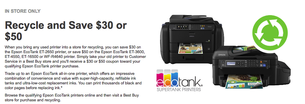 ET-4550 for $350. Recycle your old printer and Save $30 or $50 towards a new Epson Eco-Tank at Best Buy
