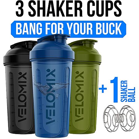 3-Pk 14-Oz VELOMIX Protein Shaker Bottles (Green, Black, Blue) $7