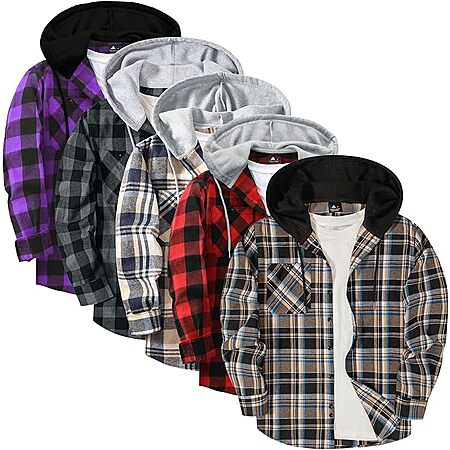 5-Pk ZITY Men's Long Sleeve Plaid Flannel Hoodie Shirts (Various) $30 + Free S&H