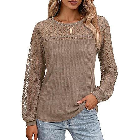 PINKMSTYLE Women's Crochet Waffle Knit Long Sleeve Shirt (Various) from