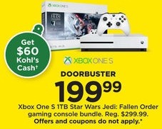 Kohl's Black Friday: Xbox One S 1TB Star Wars Jedi: Fallen Order Gaming Console Bundle + $60 Kohl's Cash for $199.99
