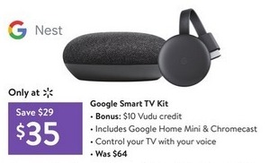 Walmart Black Friday: Google Smart TV Kit: Google Home Mini & Chromecast + Bonus $10 Vudu credit for $35.00