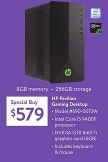 Walmart Black Friday: HP Pavilion 690-0073W Gaming Desktop: Intel i5, 8GB RAM, 256GB SSD, NVIDIA GeForce GTX 1660Ti for $579.00