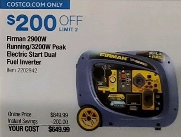 Costco Wholesale Black Friday: Firman 2900W Running/3200W Peak Electric Start Dual Fuel Inverter for $649.99