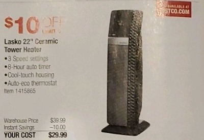 Costco Wholesale Black Friday: 22" Lasko Ceramic Tower Heater for $29.99