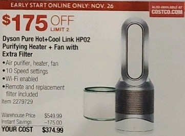 Costco Wholesale Black Friday: Dyson Pure Hot+Cool Link HP02 Purifying Heater + Fan with Extra Filter for $374.99