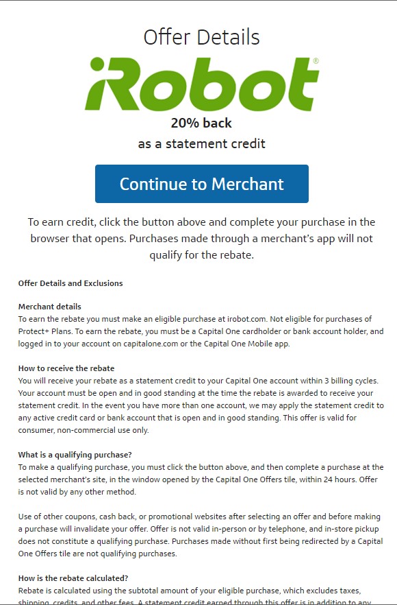 YMMV - Select Capital One Cardholders - 20% back on iRobot site