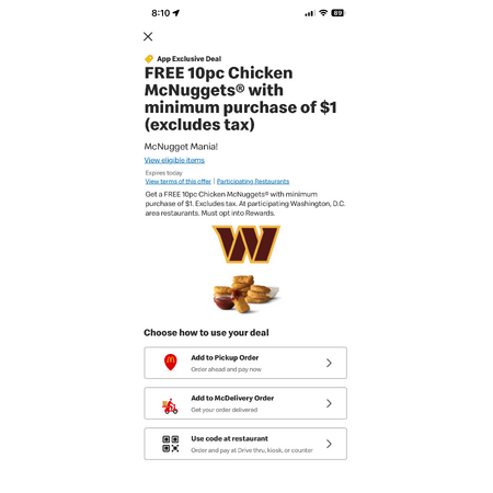 McDonald's free 10 pieces nuggets with $1 purchase in DMV area - 2026-10-12