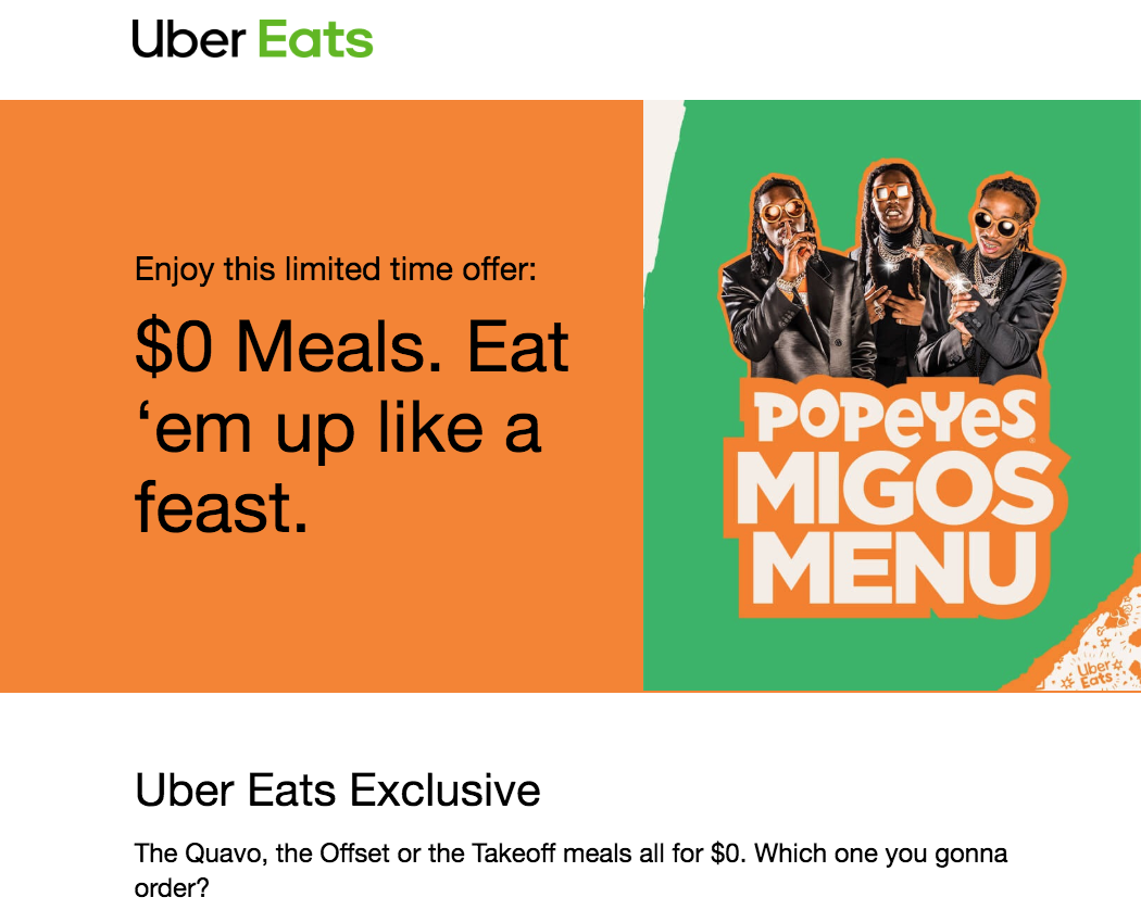 Popeyes via Uber Eats - $0 Migos Menu Meals (certain days/times)