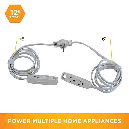 6-Outlet 12' (6'x6') Woods Mid Split Extension Cord (White) $10 