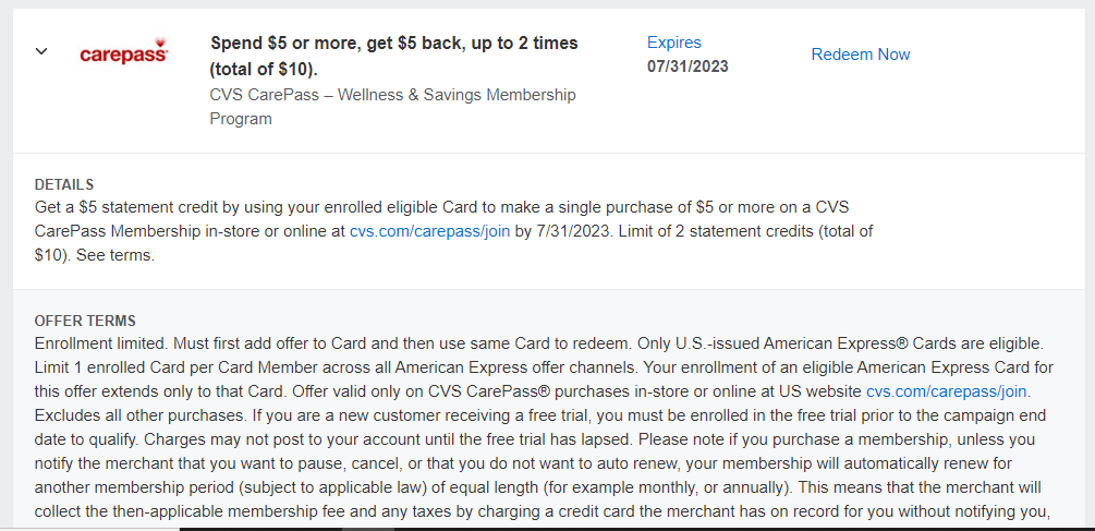 Amex Offers _ 2 Months of CVS Carepass for free YMMV