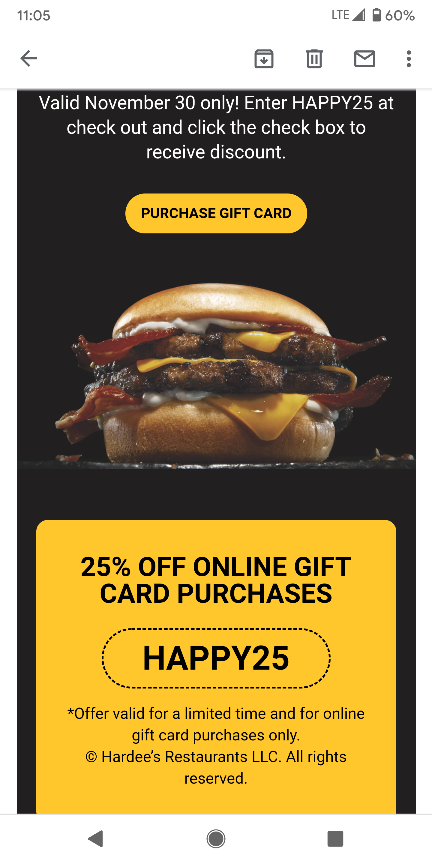 Hardee's 25% off online Gift Cards  Cyber Monday ( November 30th Only  )