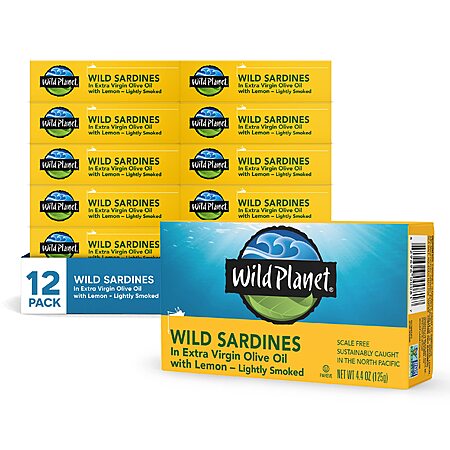 Wild Planet Wild Sardines in Extra Virgin Olive Oil With Lemon, Lightly Smoked, Tinned Fish, 4.4 Ounce (Pack of 12)~$22.40 With S&S @ Amazon