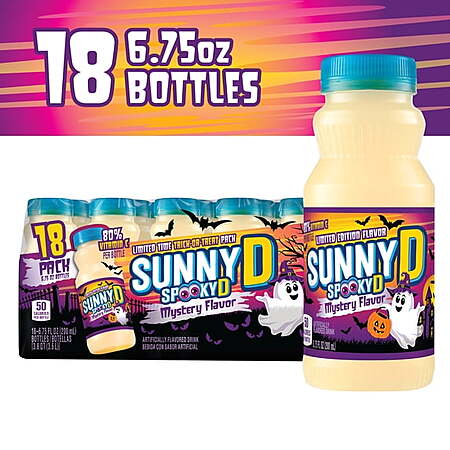 $6.54 Walmart Pick Up SUNNYD Mystery SpookyD Shelf Stable Juice Drink, 18 Count, 6.75 fl oz Bottles (Trick or Treat candy alternative, parties, school)