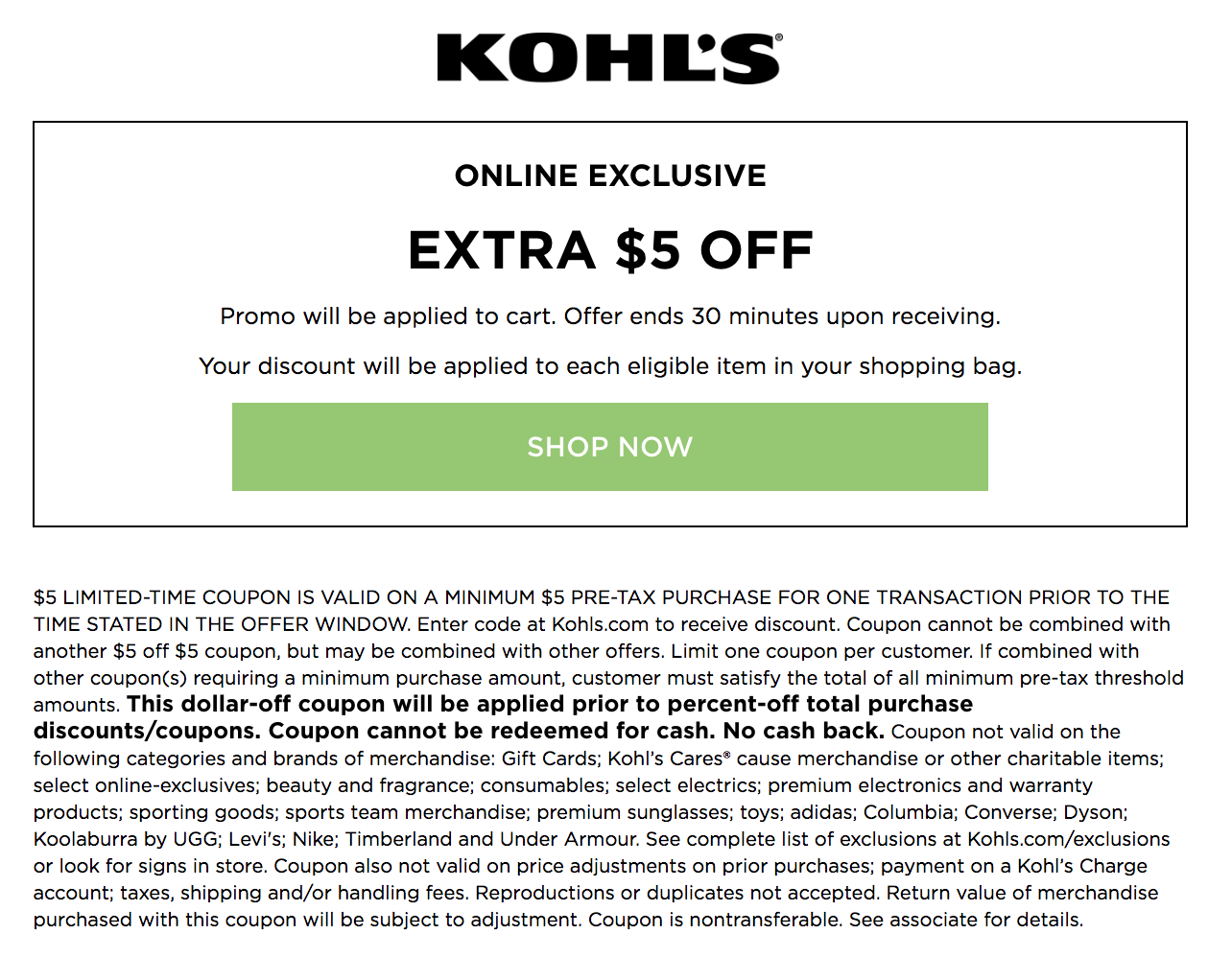 Kohl's Coupon - "Extra $5 Off" - Online Only, Minimum $5+ Purchase, Stackable