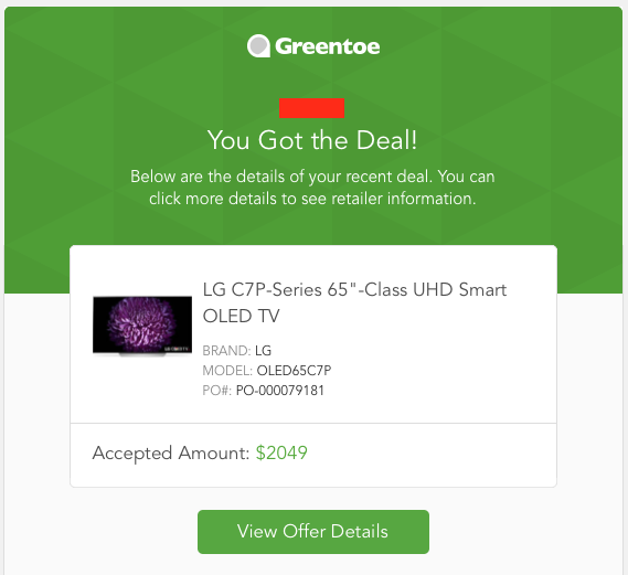 Greentoe Offer Accepted: 65 Inch LG OLED65C7P 4K UHD HDR Smart OLED Dolby Atmos HDTV $2049