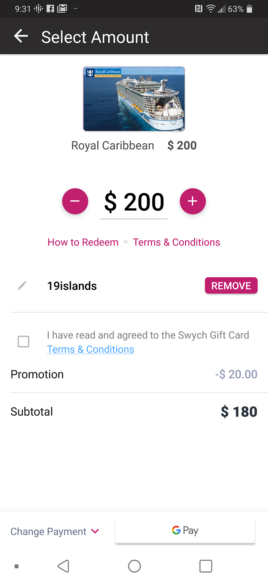 $200 Royal Caribbean Gift Card for $180