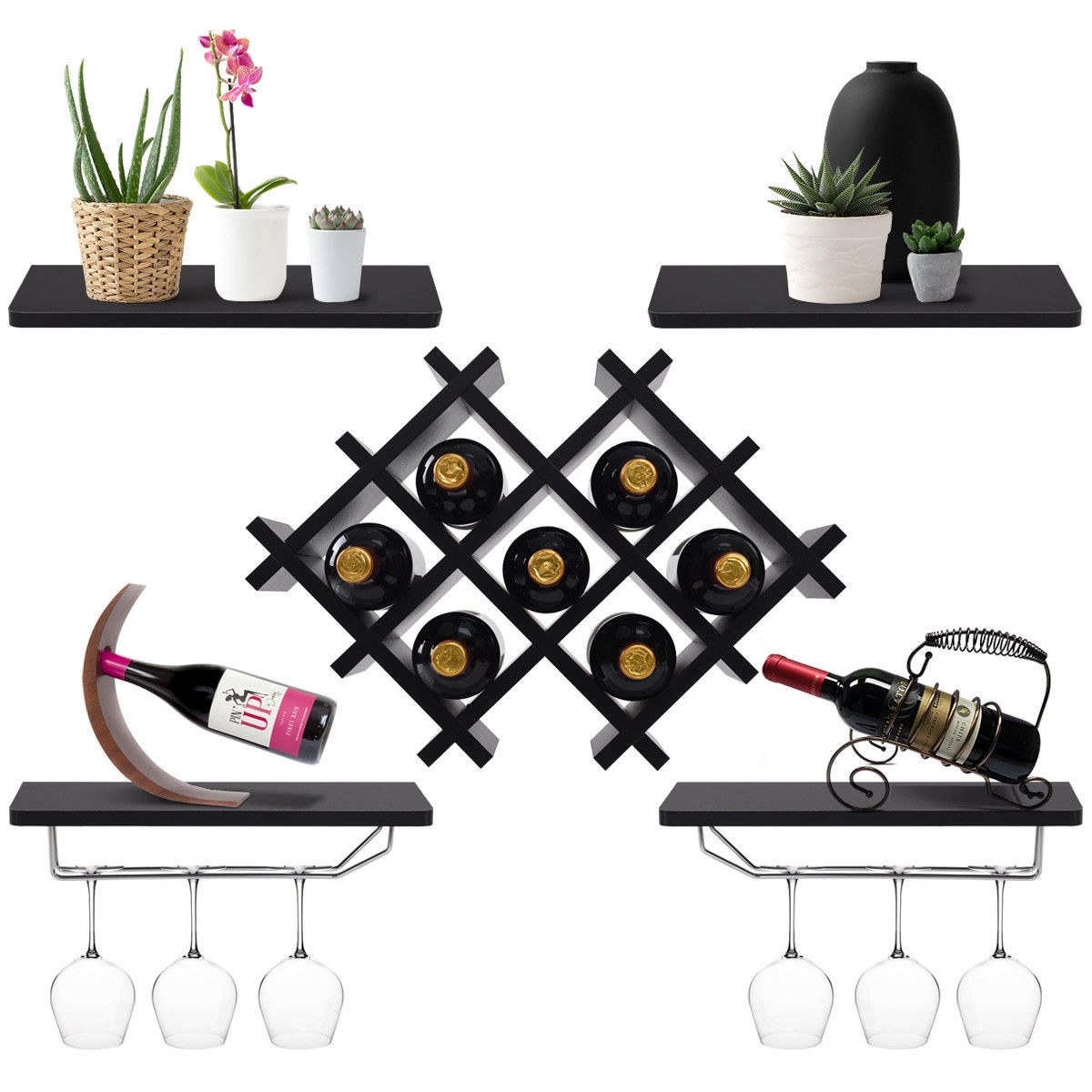 Costway Set of 5 Wall Mount Wine Rack Set w/ Storage Shelves (Black) $44.95 + Free Shipping